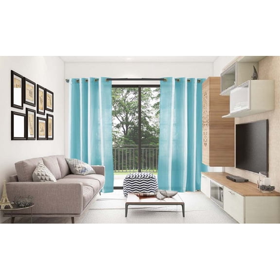 2 PANEL MIRA SOLID LIGHT BLUE SEMI SHEER WINDOW FAUX SILK ANTIQUE BRONZE GROMMETS CURTAIN DRAPES 55 WIDE X 108" LENGTH