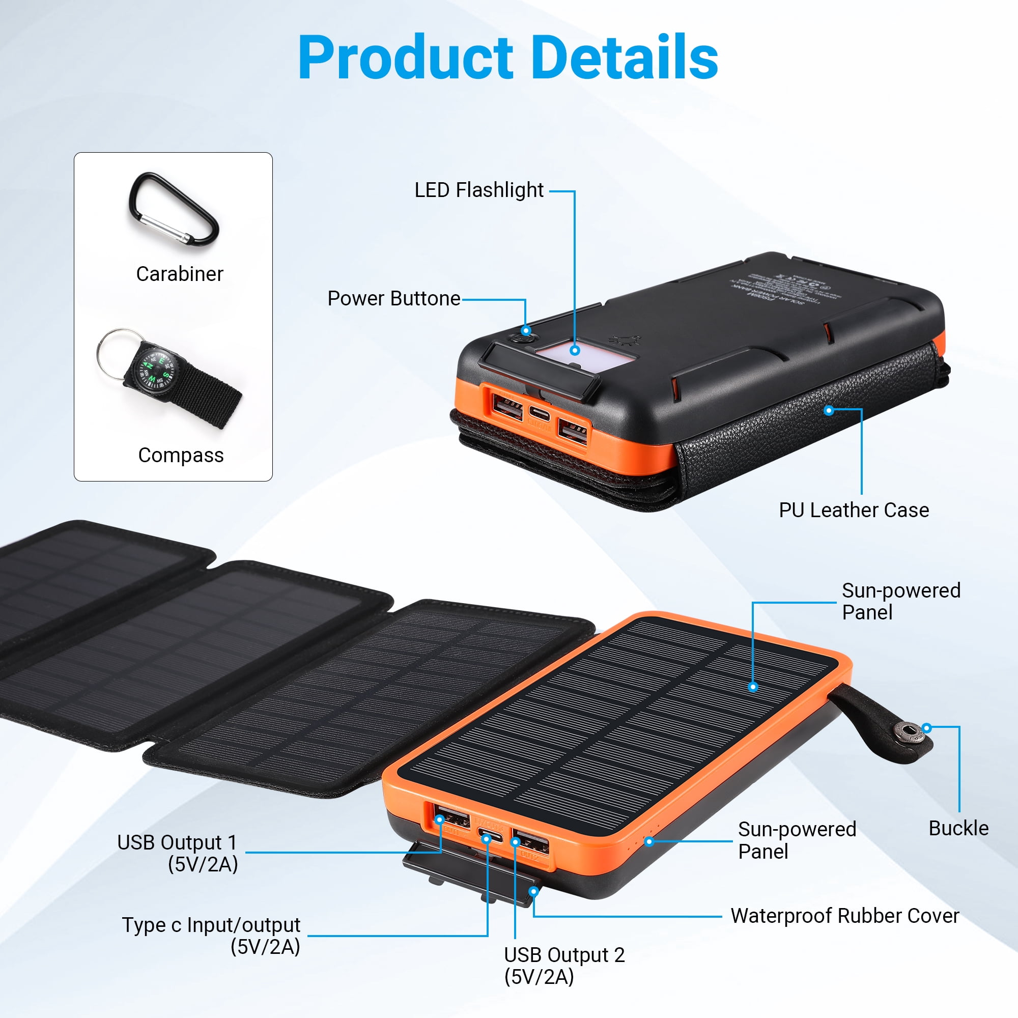 SOLPOWBEN 30000mAh Solar Power Bank with 4 Solar Panels, Portable Battery Pack, Compatible with iPhone 17 & USB-C Devices, Flashlight for Camping Travel (Orange)