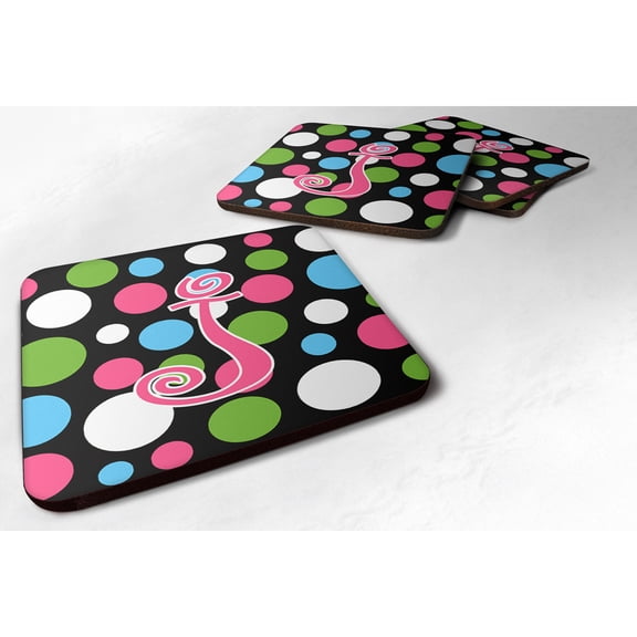 Letter J Initial Monogram - Polkadots and Pink Foam Coaster Set of 4