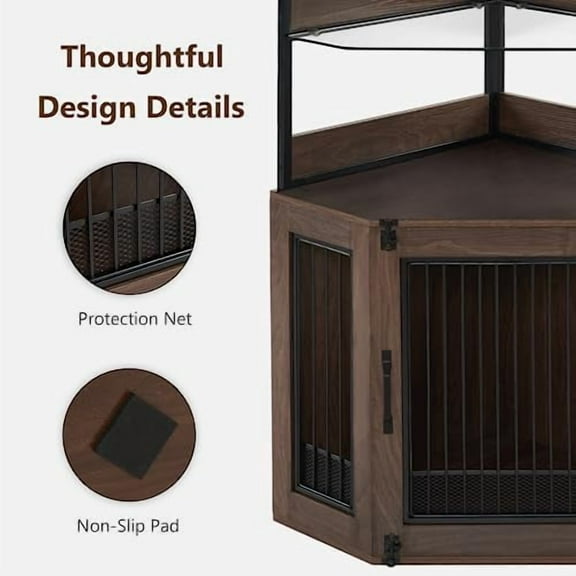 MCombo Small Corner Dog Crate Furniture with Glass Shelves, Wooden Dog Kennel Furniture with Door, Pet Crate Indoor Use, CN17 (Brown)