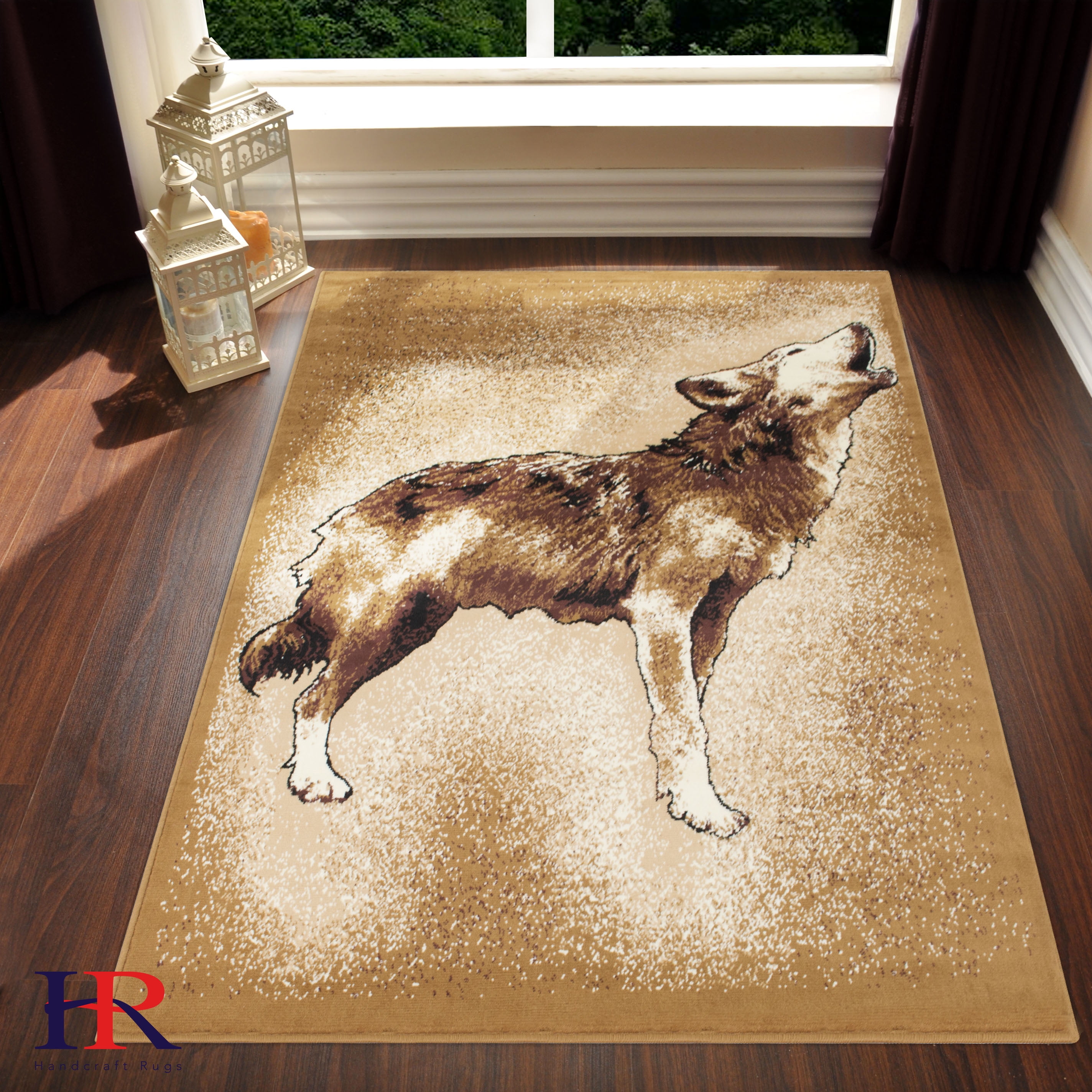 Handcraft rugs animal print rugs for cabin and lodge with howling wolf