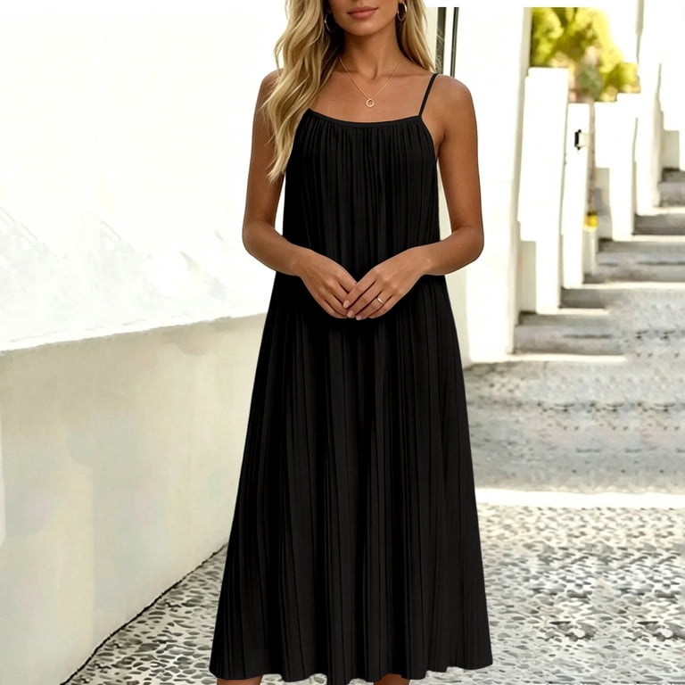 loose fitting slip dress QUNYINEY Long Sun Dresses Women A Line Summer Blue Sleeveless Slip Dress  Crew Neck Casual Vacation Loose Fit Lounge Dresses