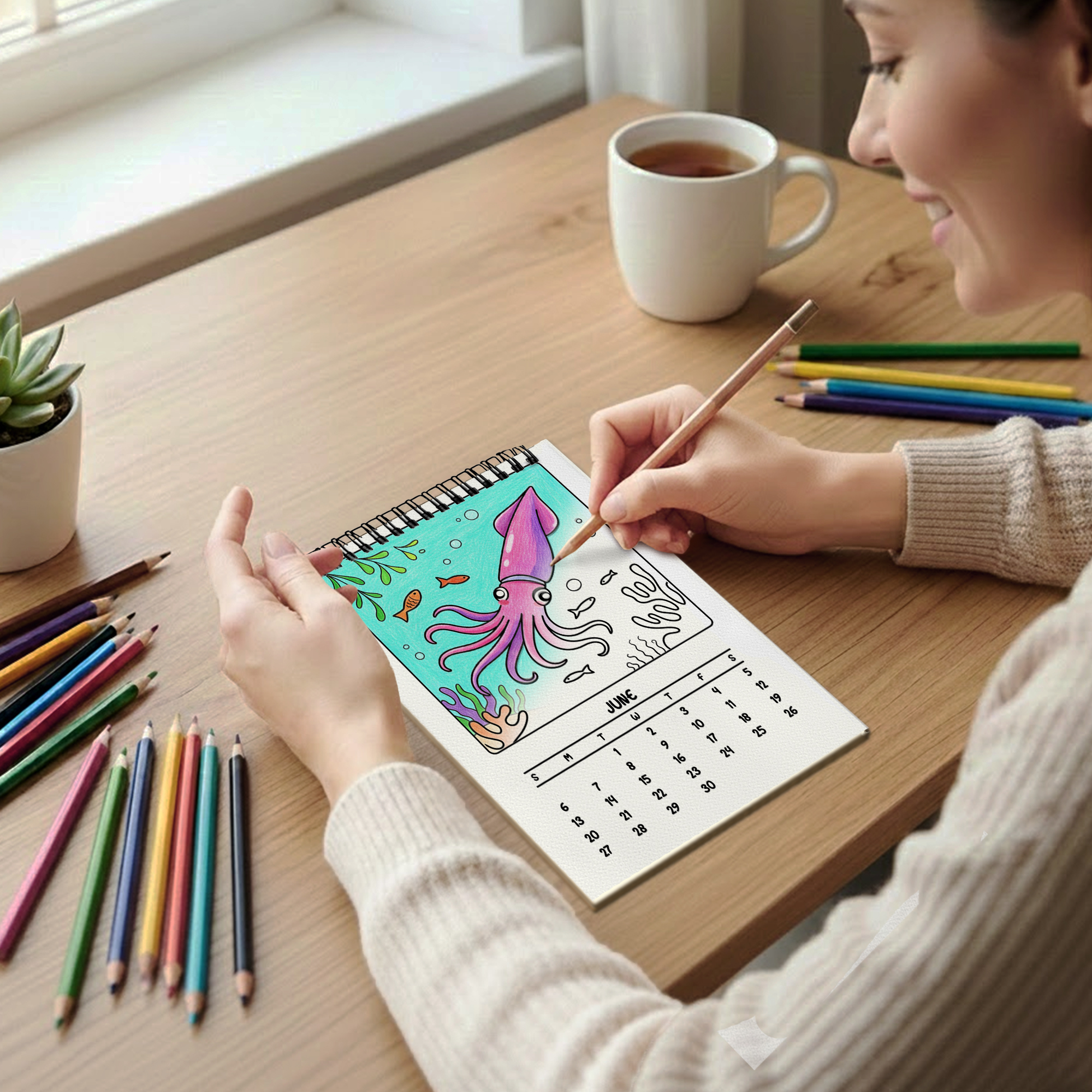 Ocean Minimalist Art Coloring Desk Calendar 2026–2027, A5 Wooden Cover Planner with 26 Easy Coloring Pages for Adult Relaxation, 24 Month Desktop Calendar with Stand, Gift for Family, Friends