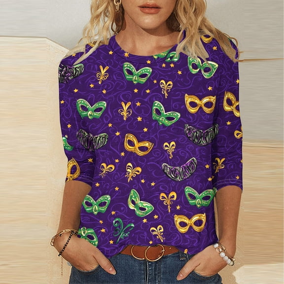 Mifsaly Mardi Gras Shirts for Women Color Block 3/4 Sleeve Blouse Glitter Print Loose Casual T-Shirts Funny Festival Carnival Shirt 2026 Fashion Party Outfits M