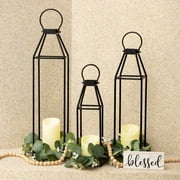 Black Metal Lanterns w/Pine Wood, Set of 2 Rustic Lanterns Decorative w/ 6hr Timer Flickering Flameless Candles, Modern Farmhouse Candle Holder for Outdoor, Porch, Fireplace(Wood Base)