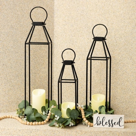 Black Metal Lanterns w/Pine Wood, Set of 2 Rustic Lanterns Decorative w/ 6hr Timer Flickering Flameless Candles, Modern Farmhouse Candle Holder for Outdoor, Porch, Fireplace(Wood Base)