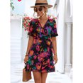 thumbnail image 1 of Vestido de manga corta para mujer con cuello en V y cintura con volantes y dobladillo con estampado floral, 1 of 6