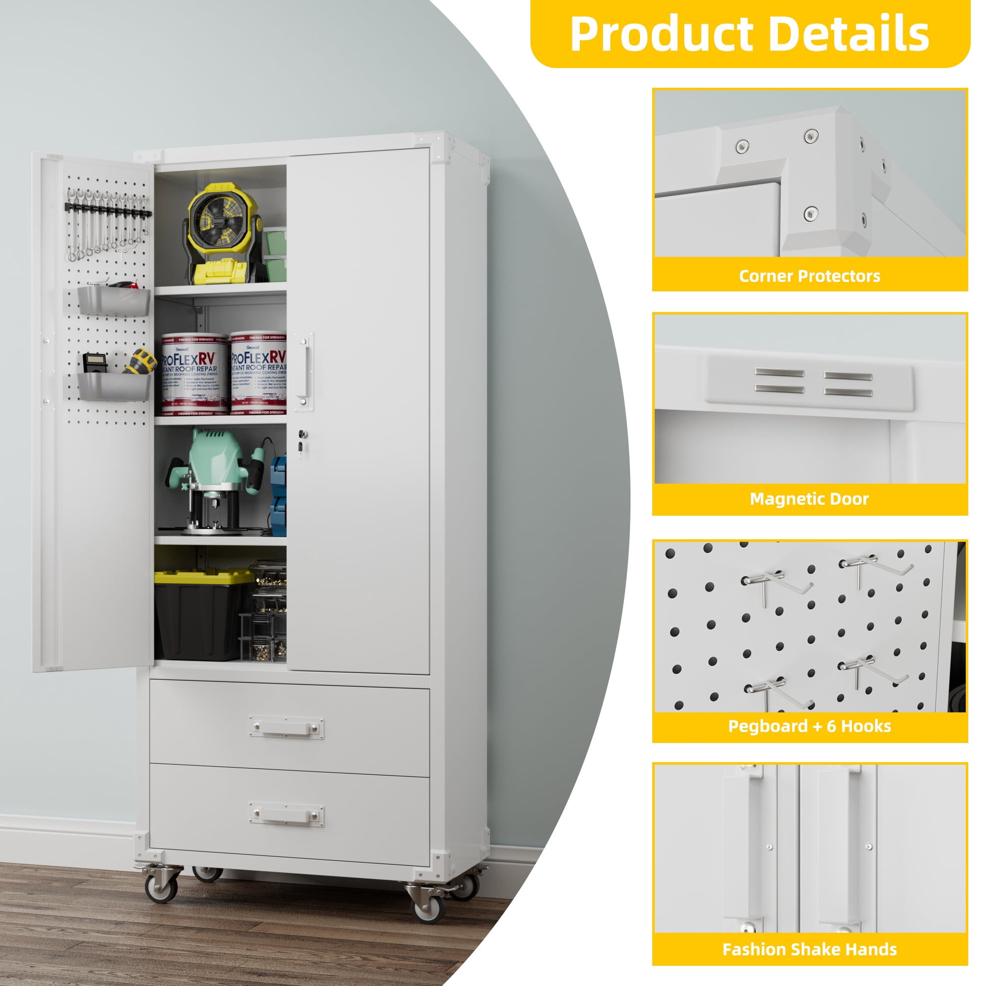 Aobabo Metal Gargae Cabinet with 2 Drawer & Pegboard, Lockable Storage Cabinet with Wheels, 3 Adjustable Shelves and Hooks, for Home, Office, Garage, Classroom, Assembly Required,White
