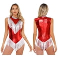 thumbnail image 3 of Aislor Womens Shiny Metallic Fringed Dance Leotard Bodysuit Sequins Latin Jazz Ballroom Costume Red S, 3 of 7