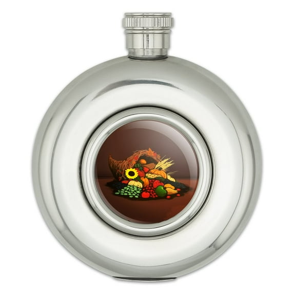Cornucopia Thanksgiving Holiday Autumn Fall Round Stainless Steel 5oz Hip Drink Flask