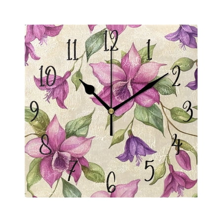 WOBOGO A Pattern with Watercolor Fuchsia Orchids Wall Clock 7.78 Inch Battery Operated Silent Unit Square Rustic Vintage Style for Home Bedroom Office Black Pointer
