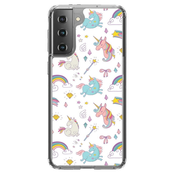 DistinctInk Clear Shockproof Hybrid Case for Galaxy S21 5G (6.2" Screen) - TPU Bumper, Acrylic Back, Tempered Glass Screen Protector - Unicorn Rainbow Wand Pattern - White