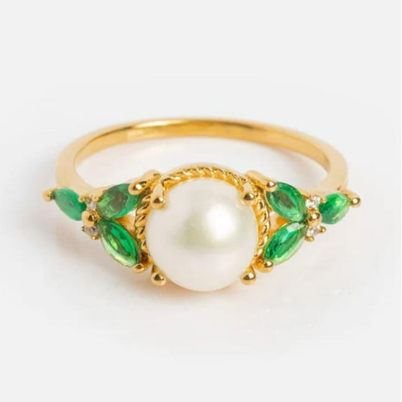 14k Vintage Inspired Pearl and Emerald Statement Ring 14K Gold Plated Dainty Pearl Ring, Minimalist Pearl Ring, Pearl Engagement Ring, Gift for Her