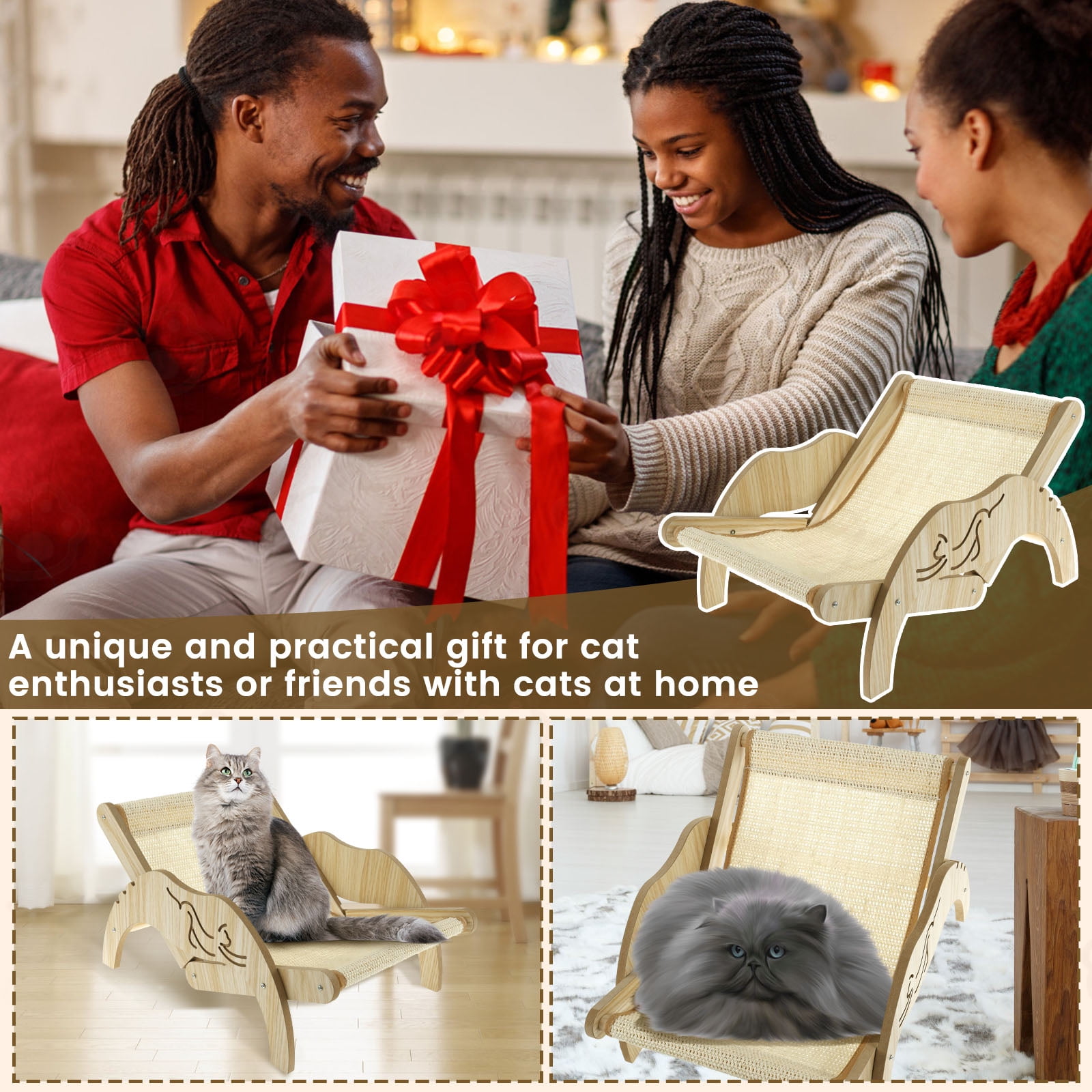 Threns Cat Hammock Bed Wooden Cat Bed Floor Standing Breathable Cat Chair,with Sisal Scratcher,Pet Resting Hammock, Gift for Cats and Small Dogs,15.21" x 13.65" x 11.31"