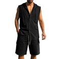 thumbnail image 6 of Migroa Mens 2 Piece Linen Set Outfits Sleeveless Hoodies And Drawstring Casual Track Shorts Set Beach Tank T Shirts Solid Sets Black L, 6 of 9