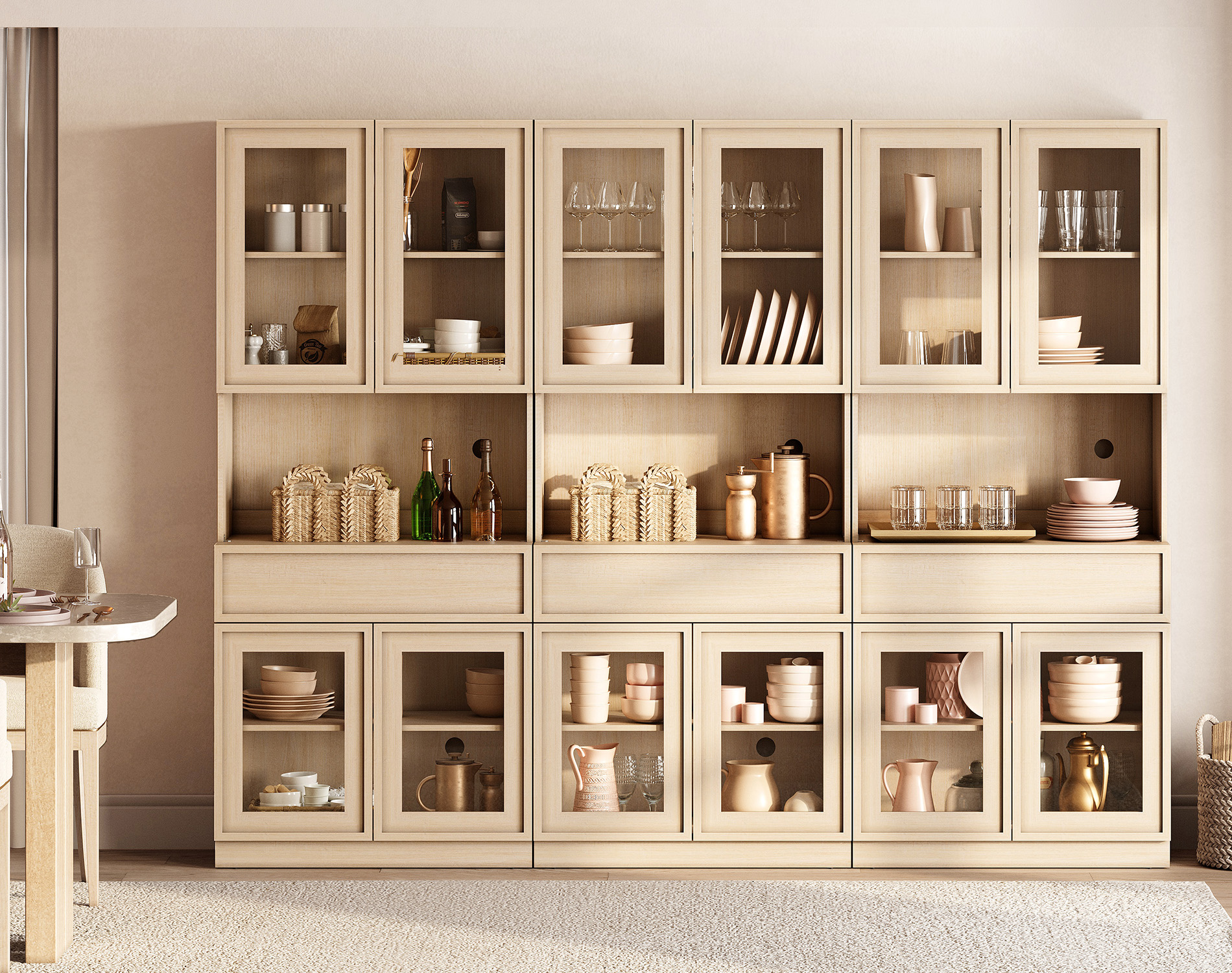 Modern 72"Tall Sideboard, Wood Buffet Display Cabinet with Glass Doors, Drawers and Adjustable Shelves, Multi-Layer Storage Console for Dining Room,Living Room,Entryway,Beige