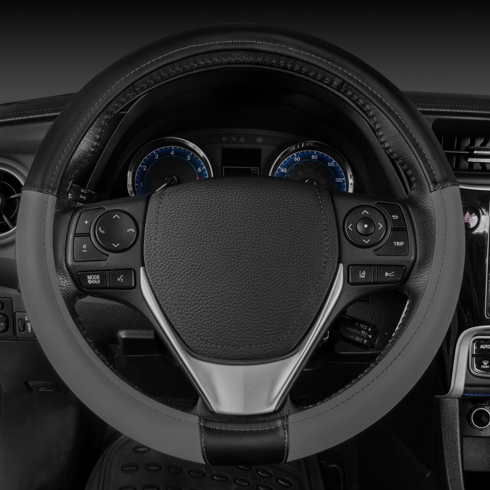 CATERPILLAR Two Tone Ergonomic Soft Leather Grip Steering Wheel Cover - Strong, Durable and Comfortable Universal Size 14.5-15.5" (Dark Gray / Black)