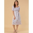 thumbnail image 2 of Vestido floral midi fruncido informal con mangas abullonadas y cuello cuadrado para mujer Púrpura XS, 2 of 6