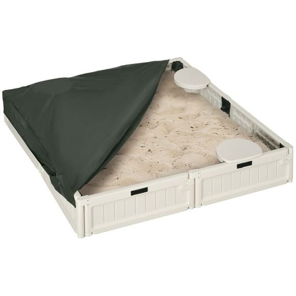 Outsunny Kids Outdoor Sandbox with Canopy, Bottom Fabric Liner, Cream White