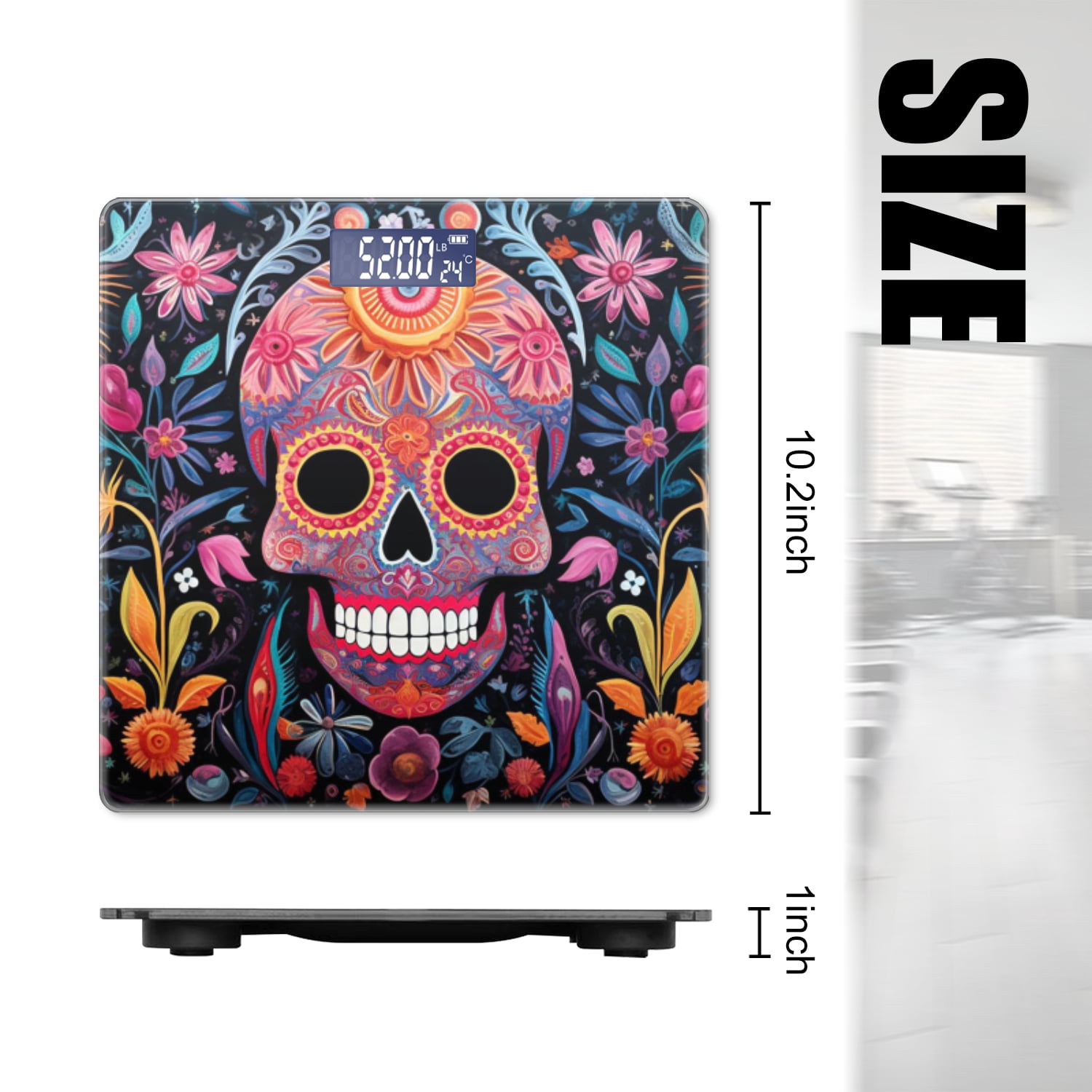 High Precision Body Weight Scale Smart Bathroom Scales with Large LCD Display(400lbs),Decorative for Bedroom-Vibrant And Colorful Mexican Skull Surrounded By Blooming Flowers