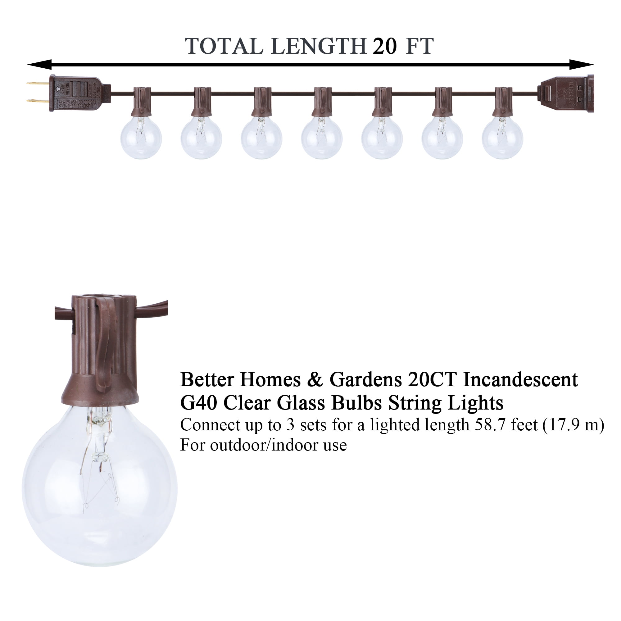 20ct Incandescent Outdoor String Lights G40 Clear Bulbs - Room