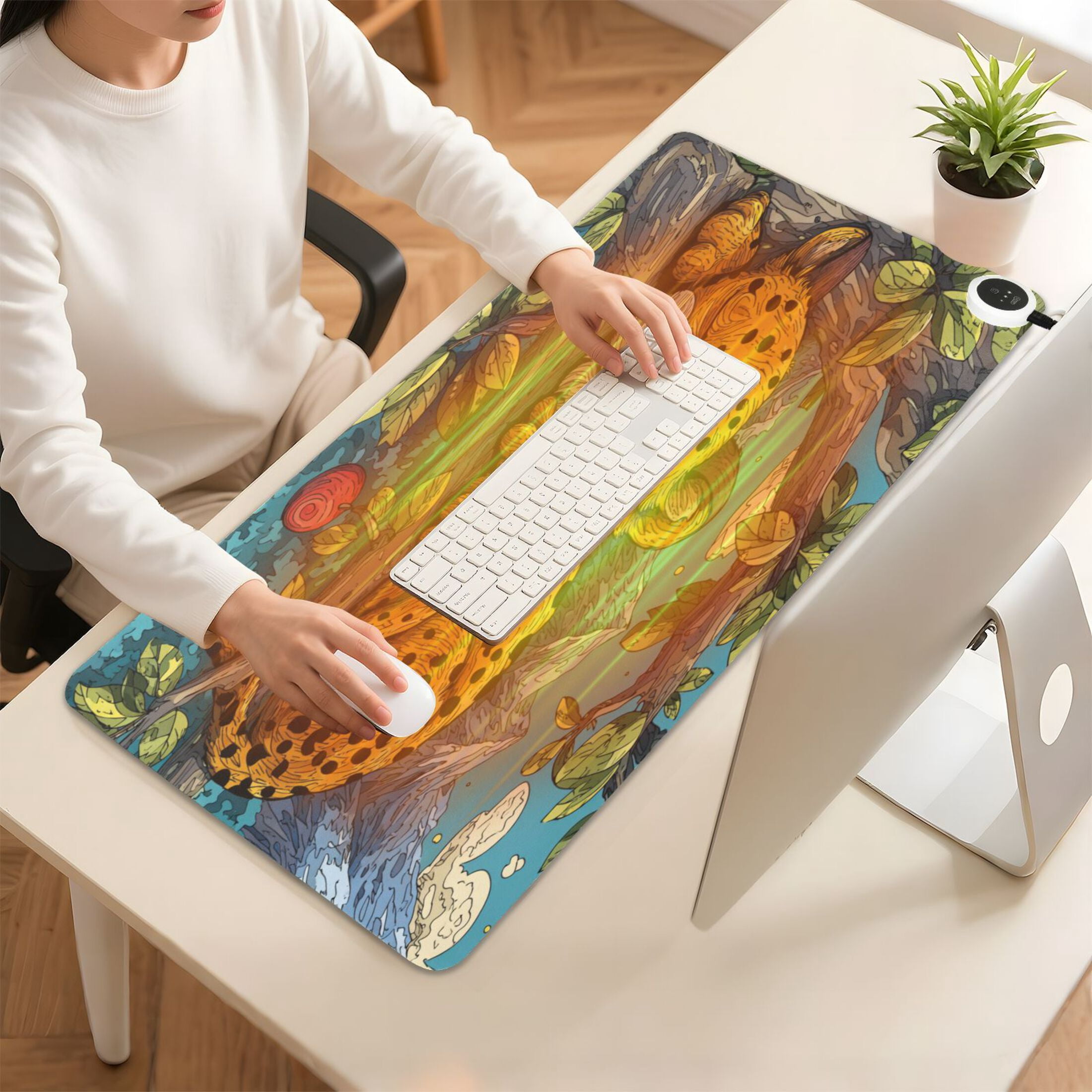 Large Heated Desk Mat Mouse Pad 31.5"x13"PU Leather Graphene Heating Desk Warmer with 3 Temperature Settings 110V US Plug Non-Slip Warm Pad for Home, Office, and Gaming A Cute Leopard Cub Sleeping