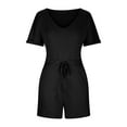 thumbnail image 6 of Summer Jumpsuits for Women Short Sleeve V Neck Solid Color Casual Loose Fit Shorts Rompers Tie Waisted with Pockets, 6 of 7