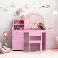 thumbnail image 2 of Costway Kid Vanity Table Chair Set 2-Color LED Lights Large Drawer Shelf Cabinet Pink, 2 of 10