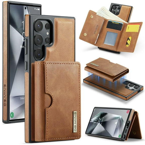 PU Leather Wallet Phone Case Compatible with Samsung Galaxy S24, with Card Holder 2 in 1 Detachable Back Cover for S24, RFID Blocking Kickstand Heavy Duty Classic Magnetic - Brown