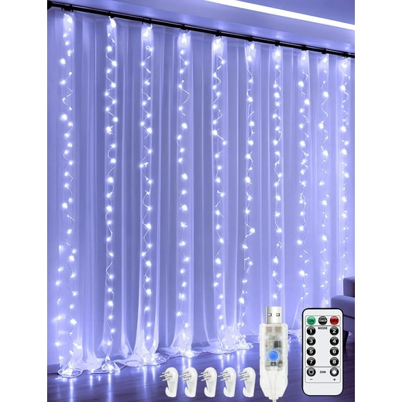 ANJAYLIA LED Curtain String Lights, 8 Modes Christmas Fairy Lights with Remote, Hanging Decorations for Wedding, Party, Bedroom, and Wall, Cool White