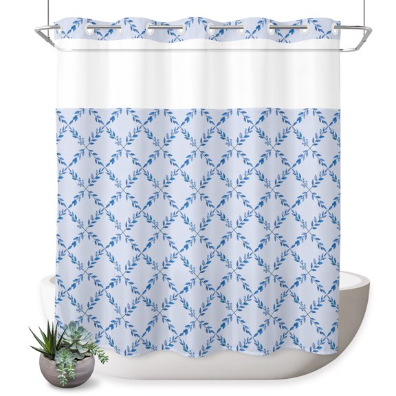 No Hook Shower Curtain, Blue Plaid Shower Curtains for Bathroom with See Through Top Window, Farmhouse Pastoral Botanical Floral Grid Waterproof & Washable Bath Curtain Long 72"x78"