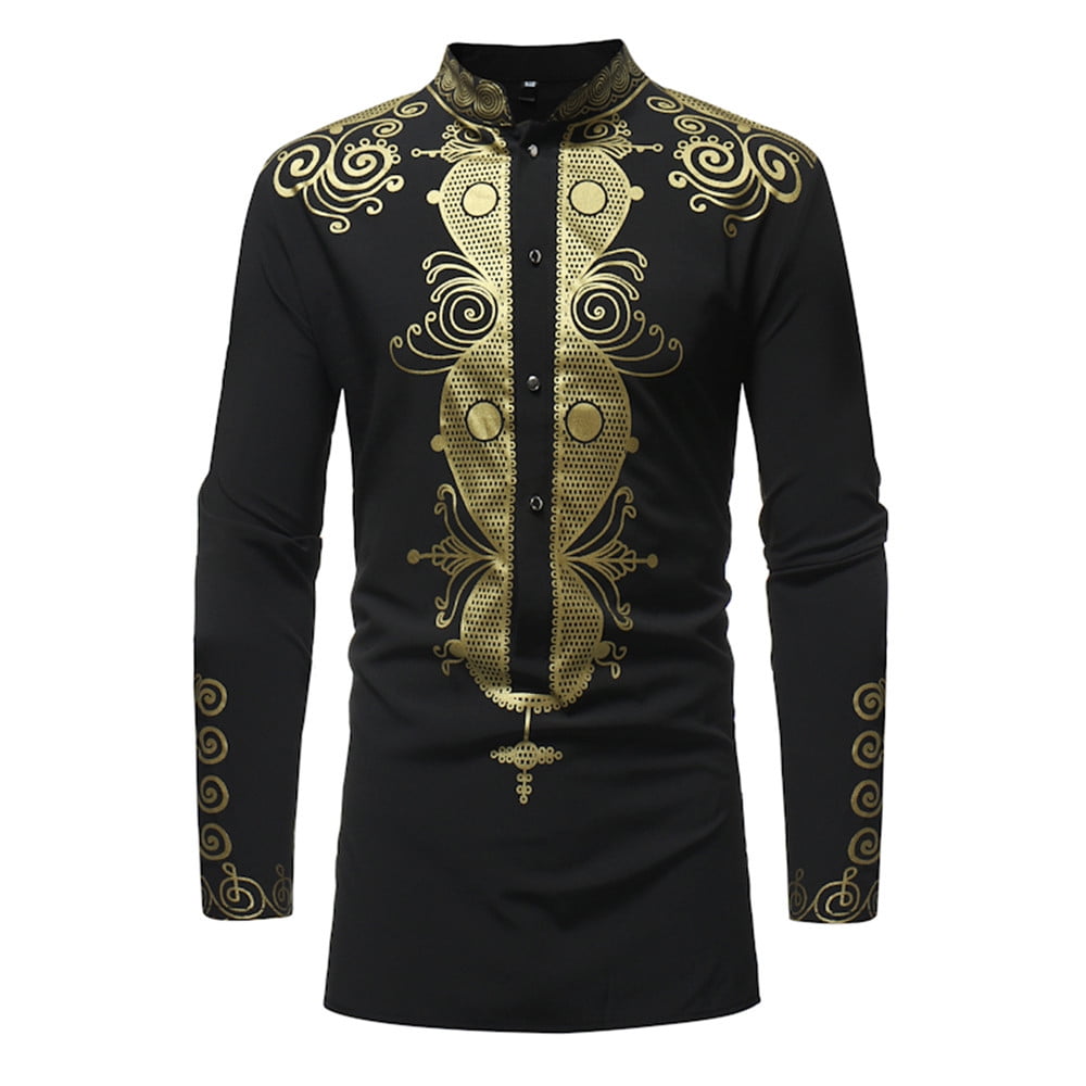 US Men's Autumn Winter Luxury African Print Long Sleeve Dashiki Shirt Top Blouse 