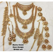 South Indian Bollywood Gold-Plated Peacock Bridal Jewelry Combo Set – Ruby, White & Green Kemp Stone Hasli Choker, Short & Long Necklace with Jhumki Earrings, Maangtikka, Kamarpattu & Jadai Billai