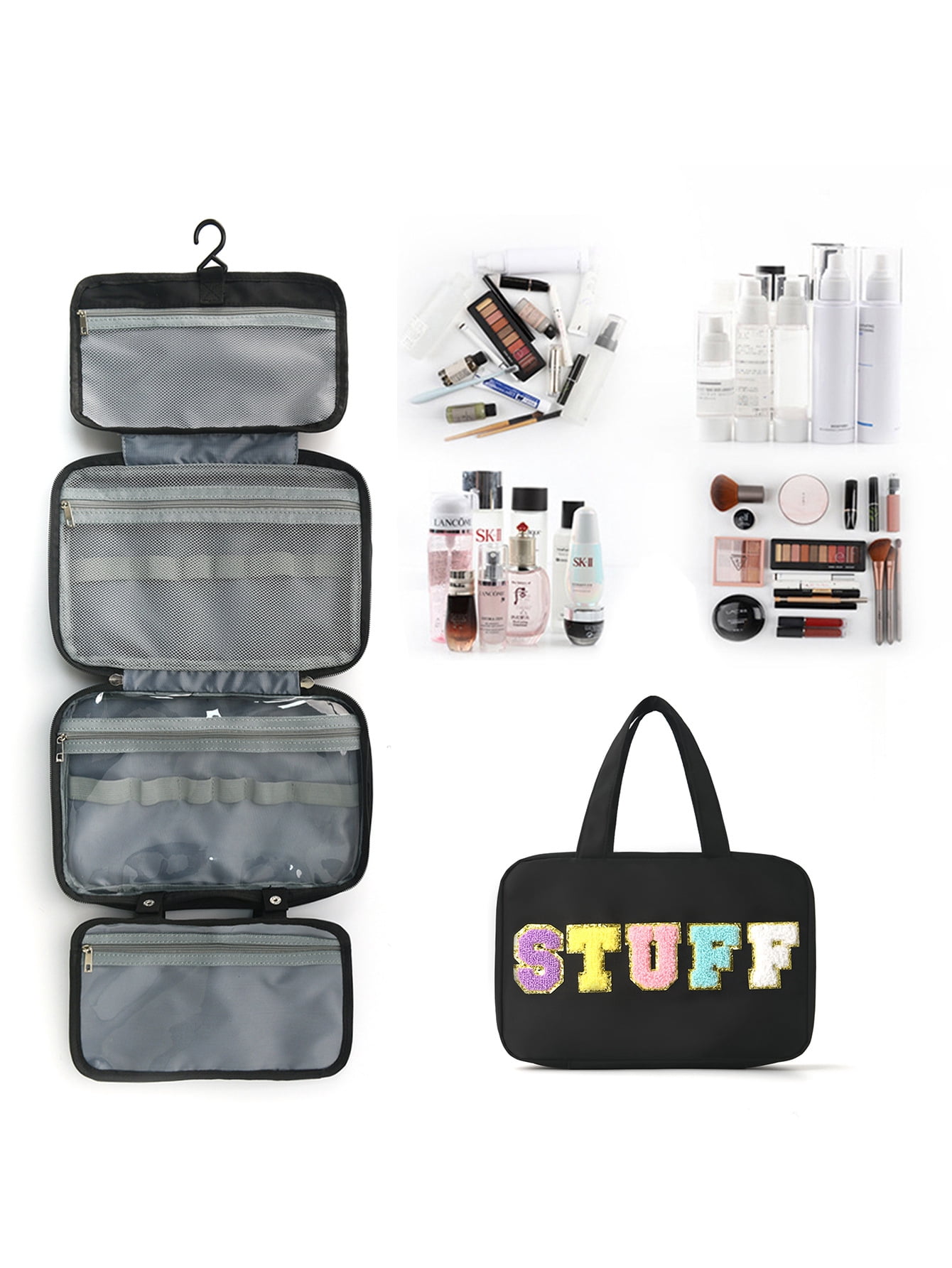 Chenille Letter Stuff Spacious Travel Toiletry Bag Essentials with Hanging Hook for women, Portable Hanging Organizer for Travel-Sized Shampoo , Waterproof for Travel makeup Accessories Gift