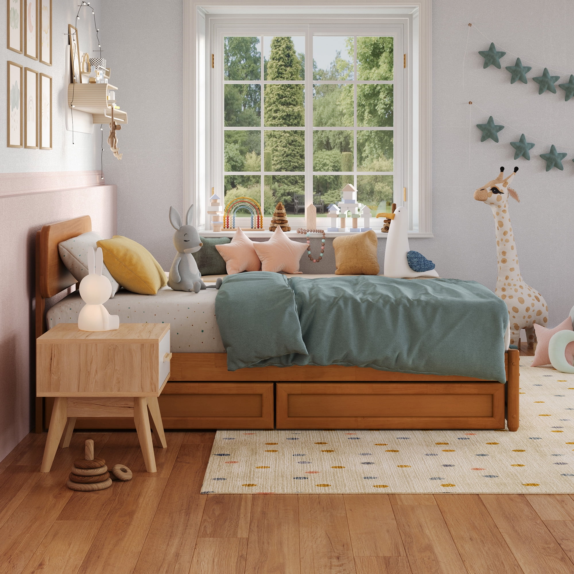 AFI Capri Twin Wood Platform Bed with Panel Footboard and Storage Drawers, Light Toffee