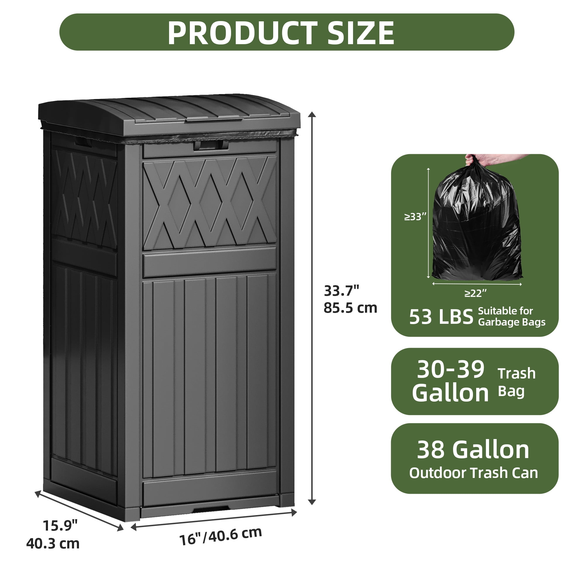 Uforic 31 Gallon Large Outdoor Trash Bin, Waterproof Resin Garbage Can with Lid & Drip Tray, Waste Container,for Porch, Backyard, Black