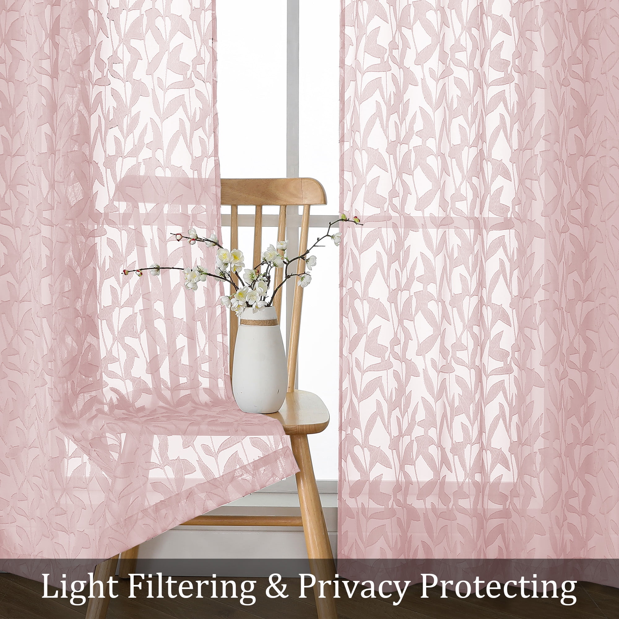 OVZME Leila Blush Pink Sheer Curtains 84 Inches Long 2 Panels Set, Light Filtering Leaves Jacquard Window Curtain Drapes for Living Room Bedroom, Each 40Wx84L Inch， Blush Pink