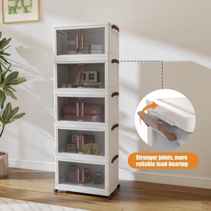 Howcool 3/4/5-Tier Stackable Storage Bins with Lid, Foldable Storage Box Cabinet with Wheels & Acrylic Doors