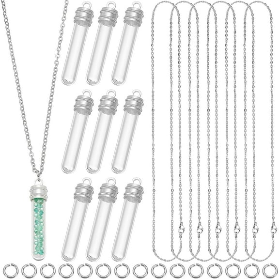 1 Set 1 Box DIY 10 Sets Glass Vial Necklaces Bulk Wish Bottle Necklace Lucky Silver Transparent with Stainless Steel Chain Hanging Tube Empty Charm for Jewelry Making Handmade Crafts Christmas