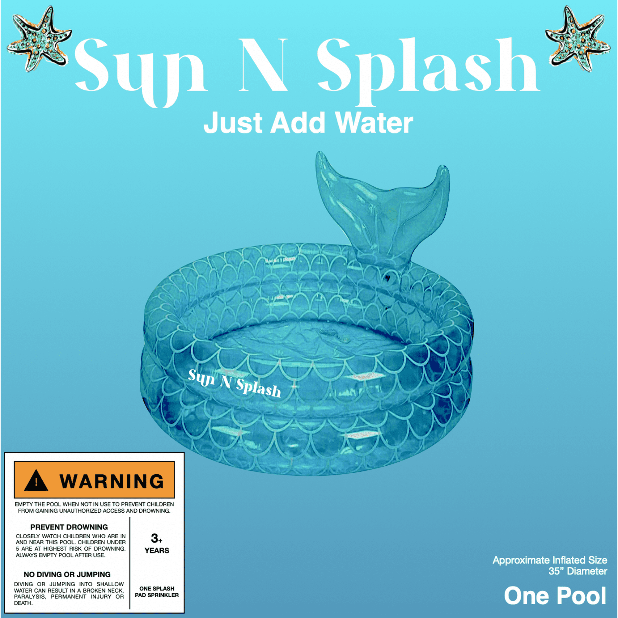 Sun N Splash Blue Mermaid Inflatable Kiddie Pool for Kids Ages 3+