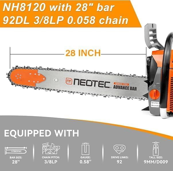 120cc Gas Powered Chainsaw 28 Inch Bar 8.4HP 6.2KW 2-Cycle Large Engine Motosierra de Gasolina for Tree Cutting Firewood Logging Farm Ranch