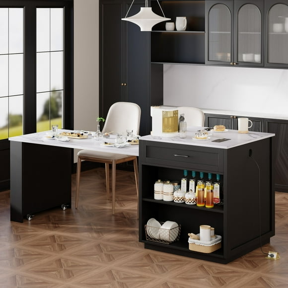 Noble House 82.7" Kitchen Island with Extendable Dining Table for 4-6 Seating,Two-tone Kitchen Island Table with, Power Outlet, 2 Side Open Shelves for Dining Room Black