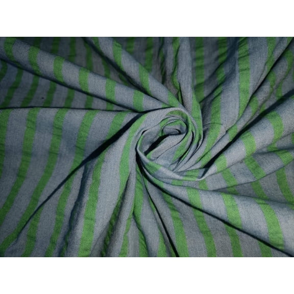 100% Cotton Chambray Seer Sucker fabric green and blue stripe 58" wide [15119]