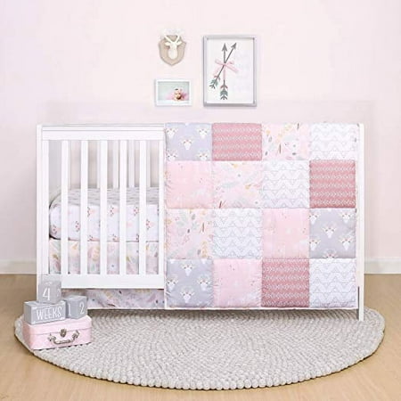 UPC: 0841297144301 | The Peanutshell Pink Floral Meadow Crib Bedding Set for Baby Girls 3 Piece Nursery Set
