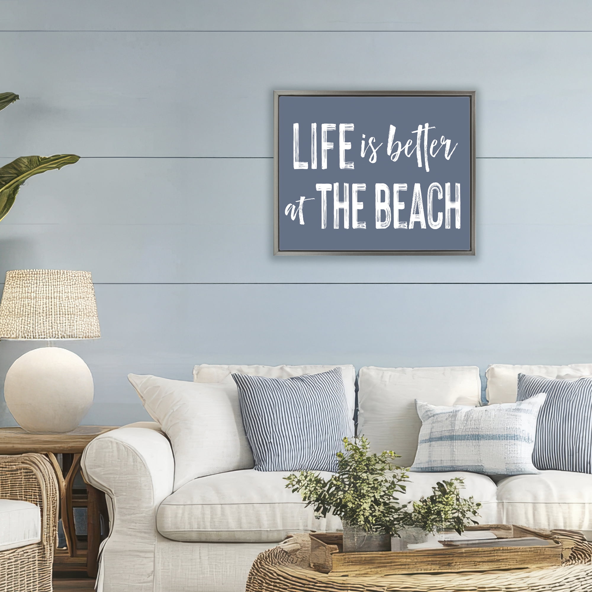 Life Better At Beach Blue Gray Framed Floater Canvas Wall Art, design by Lettered and Lined