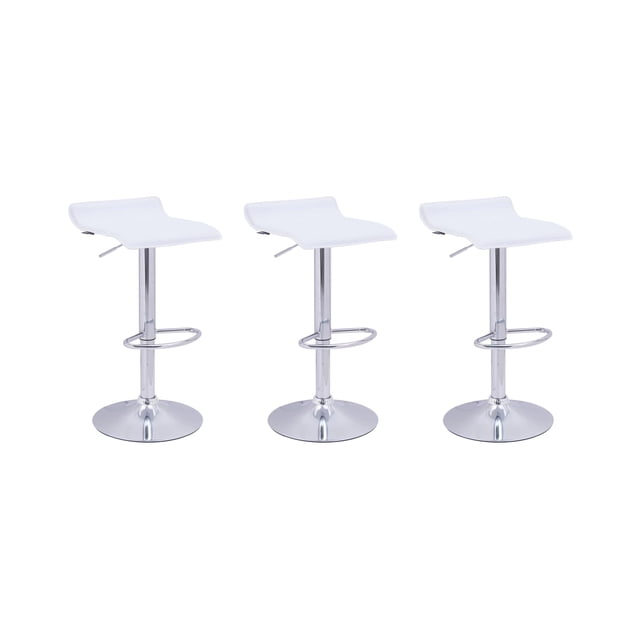 set de 3 bancos altos giratorios para barra desayunador cocina color blanco; asiento curvo blanco sobre columna y base cromada, anillo reposapiés y palanca para ajustar altura entre 60 y 70 cm, vista frontal centrada. También son adecuados como asientos para isla de cocina o mostrador de recepción.