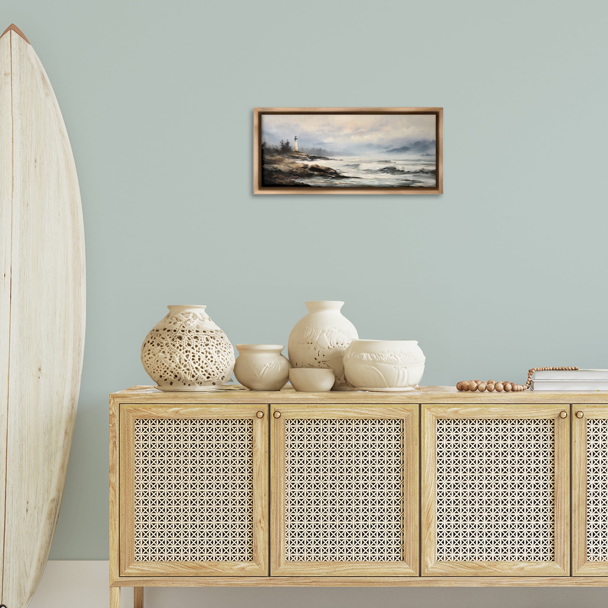 Stupell Industries Coastal Lighthouse Waves Coastal Painting Brown Floater Framed Art Print Wall Art, 25 x 11