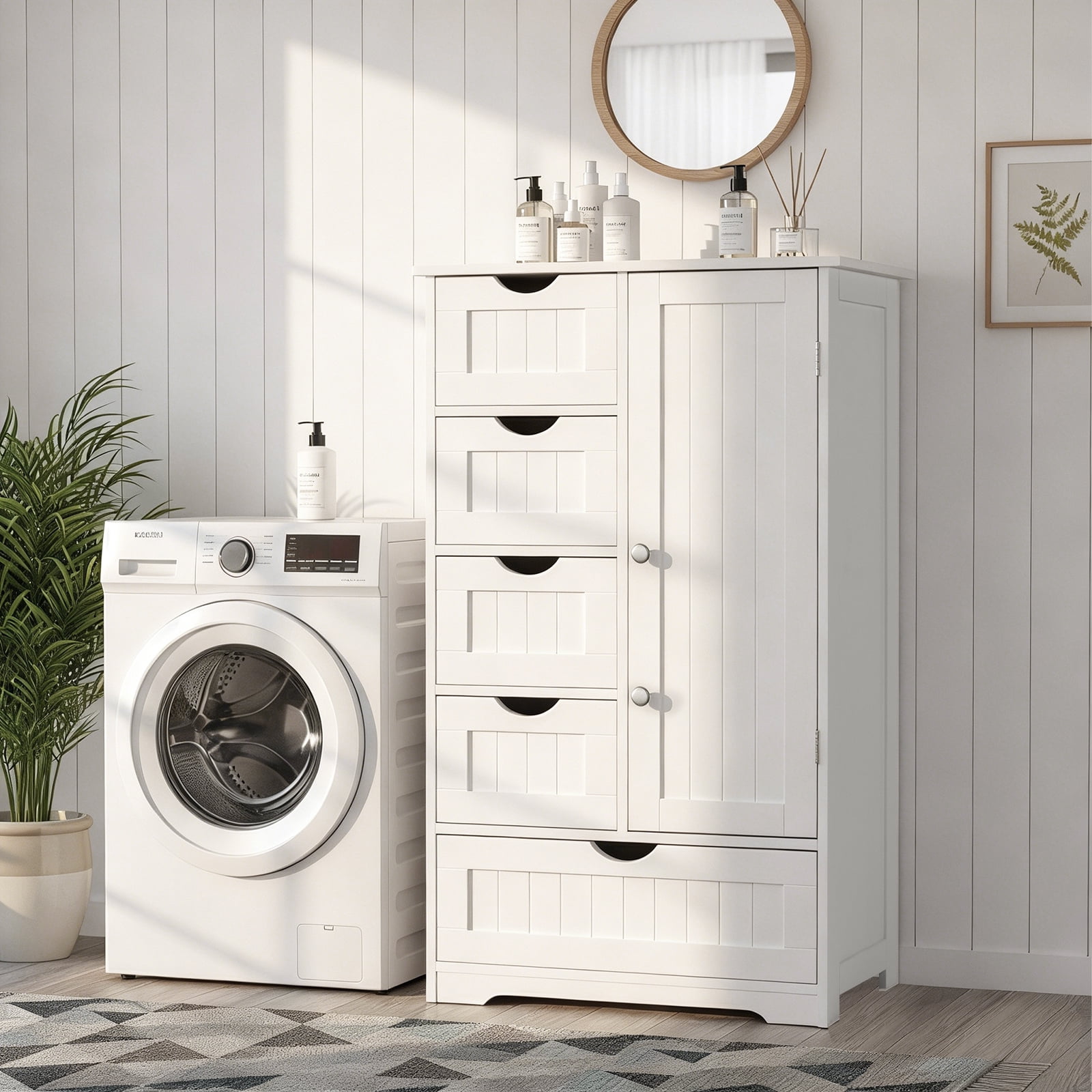 Ktaxon Wooden Bathroom Floor Cabinet, Side Storage Organizer with 5 Drawers, 1 Cupboard & 2-Shelves, White