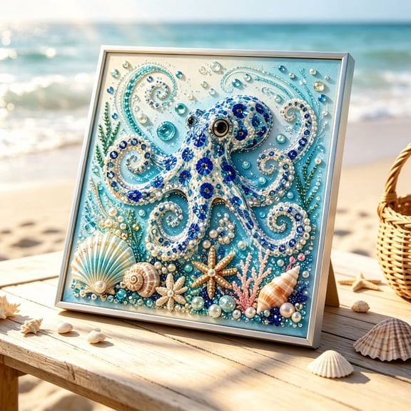 Ocean Theme Pearl Art DIY Kit, Octopus DIY Pearl Painting Kit, Ocean Diamond Art for Adults & Beginners, Sparkling Coastal Wall Decor A4
