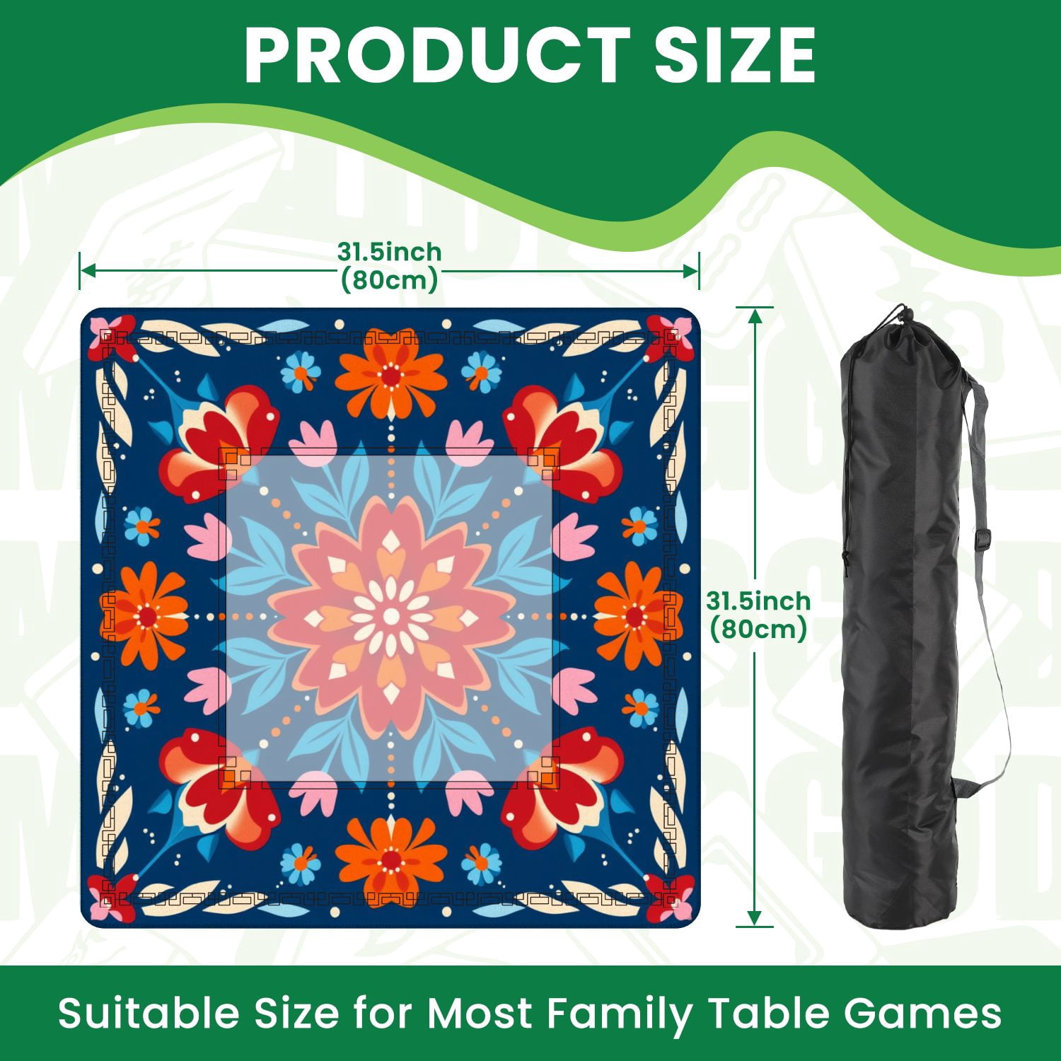 Mahjong Mat 31.5" x 31.5" Symmetrical Floral Folk Art Red Flowers Blue Non-Slip Noise Reduction American Mahjong Tiles Table Cover for Dominoes Poker Card Board Games Gift